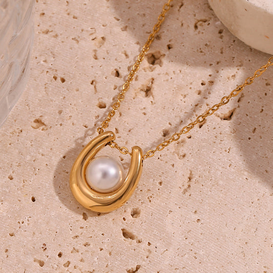 18K Gold Plated Freshwater Natural Pearl U Pendant Waterproof Necklace