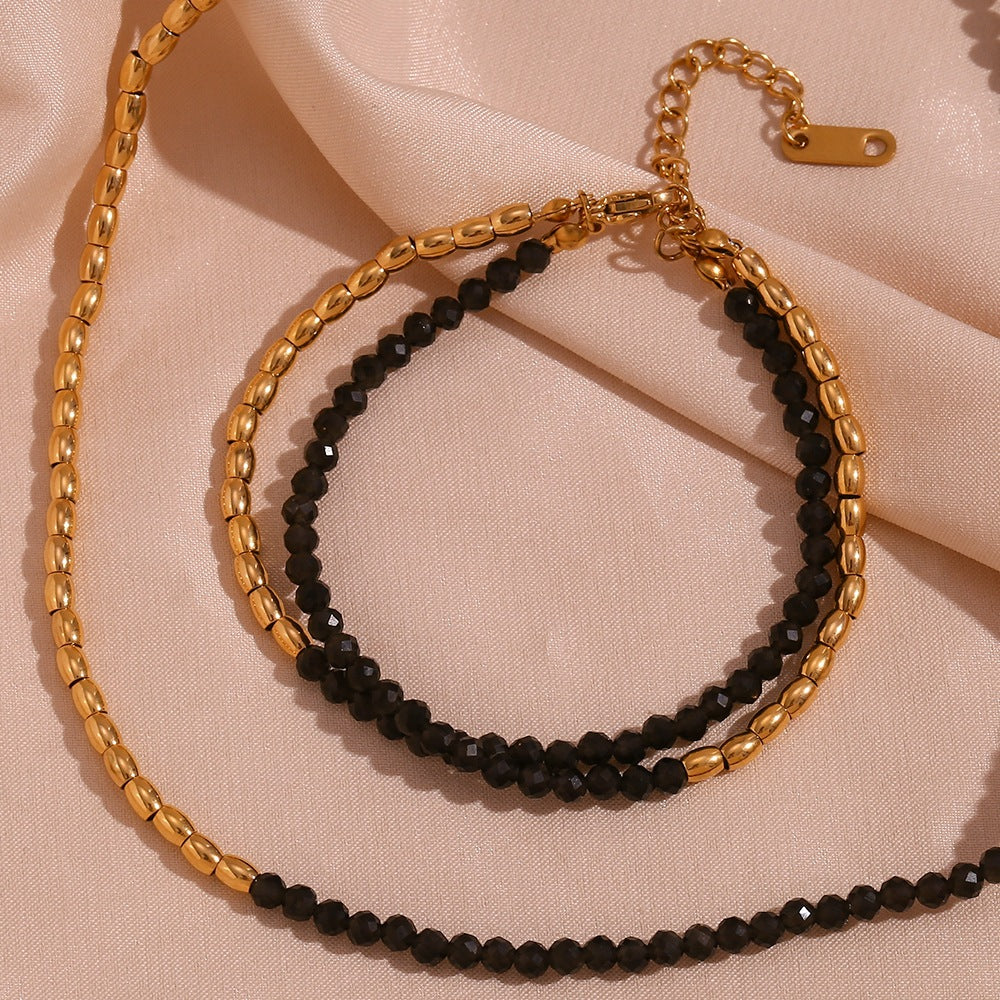 18K Gold Plated Natural Obsidian Beaded Waterproof Bracelet