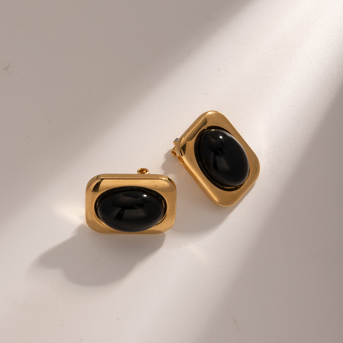 18K Gold Plated Oval Black Onyx Earrings Waterproof