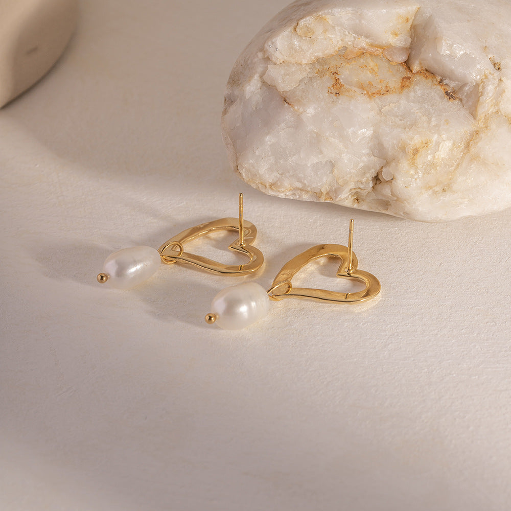 18K Gold Plated Freshwater Pearl Pendant Heart Earrings Waterproof