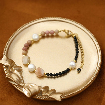 Baroque Natural Pearl Rose Stone Black Spinel Bracelet