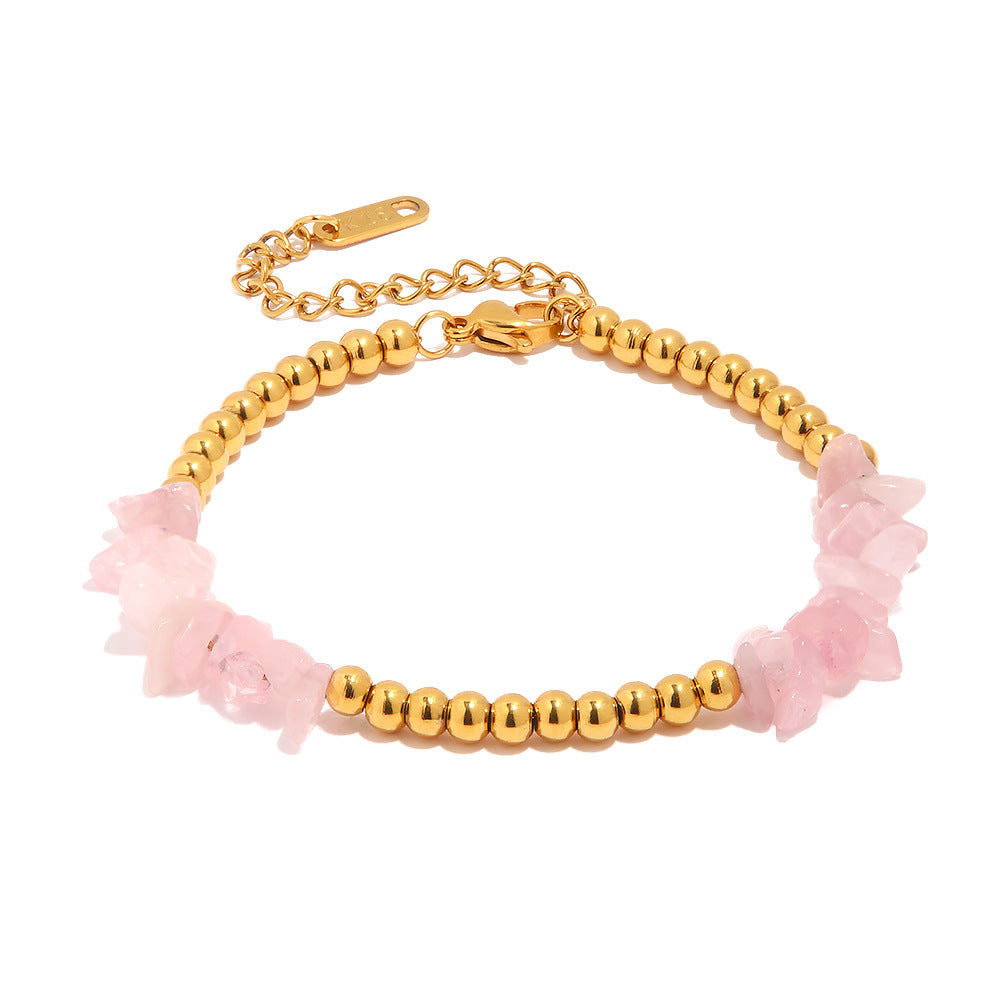 18K Gold Plated Sea Green/Pink Crystal Gravel Gold Beads Bracelet Waterproof