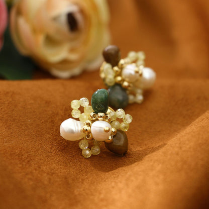 Woven Crystal Green Aventurine Studs Freshwater Pearl Earrings