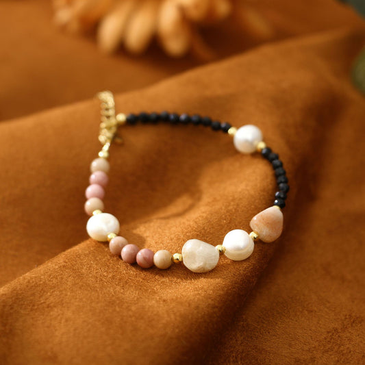 Baroque Natural Pearl Rose Stone Black Spinel Bracelet