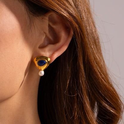 18K Gold Plated Triangle Lapis Lazuli Earrings Waterproof