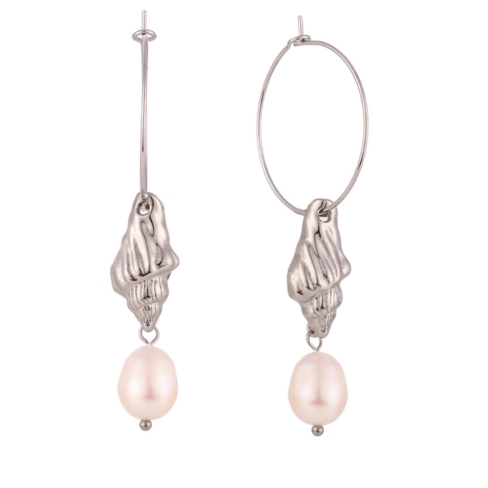 18K Gold/Stainless Plated Natural Freshwater Pearl Conch Waterproof Earrings