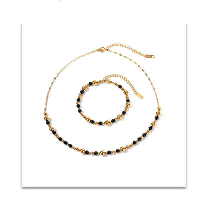 18K Gold Plated Black Agate Beaded Necklace Waterproof