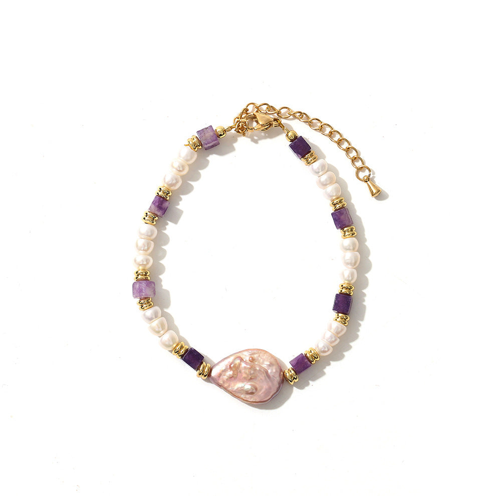 Natural Baroque Freshwater Pearl Purple Aventurine Bracelet