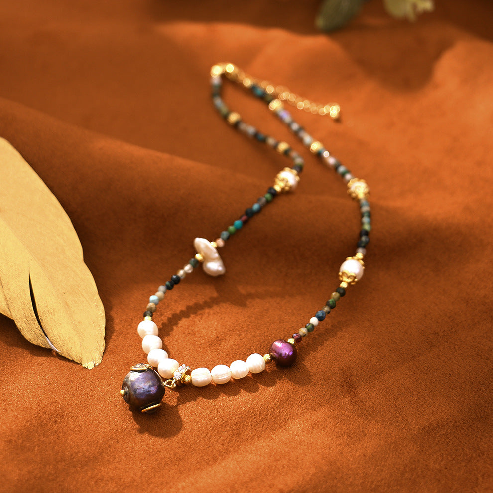 Zircon Inlaid Natural Pearl And Tourmaline Necklace