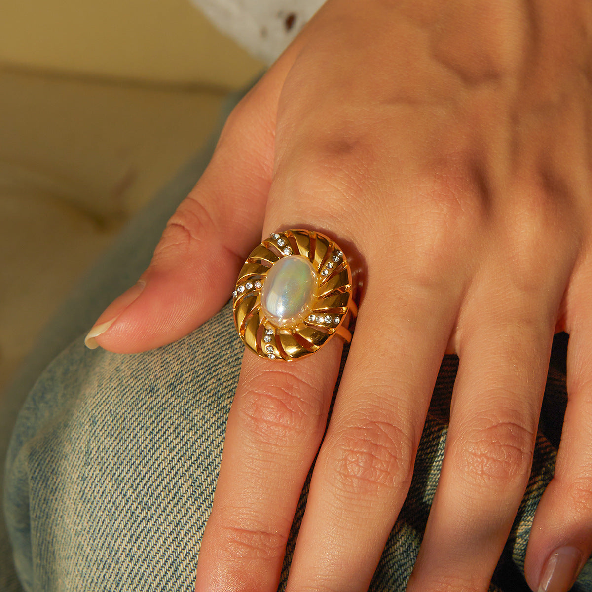 18K Gold Plated Mermaid Pearl Open Ring Waterproof