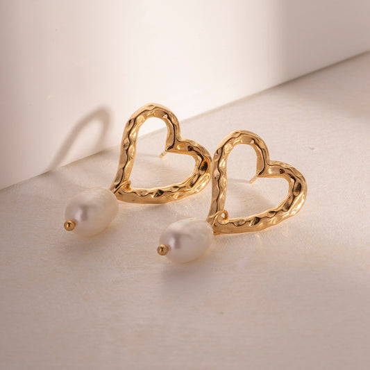 18K Gold Plated Freshwater Pearl Pendant Heart Earrings Waterproof