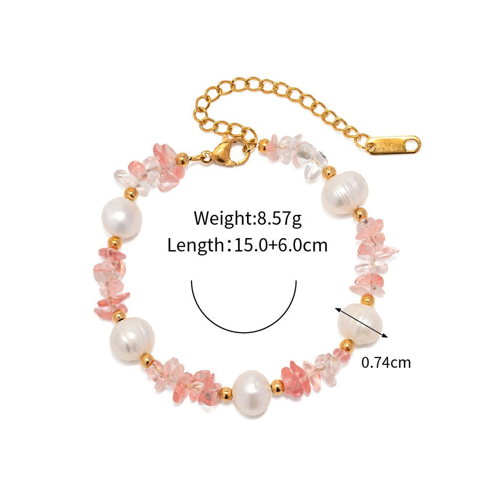 18K Gold Plated Natural Pink Crystal Gravel Freshwater Pearl Bracelet Waterproof