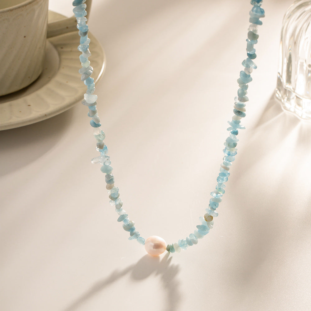 18k Gold Plated Sea Blue Gravel Pearl Necklace Waterproof