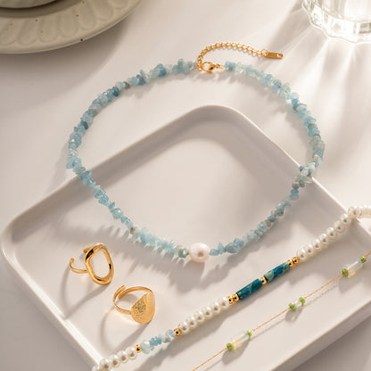 18k Gold Plated Sea Blue Gravel Pearl Necklace Waterproof