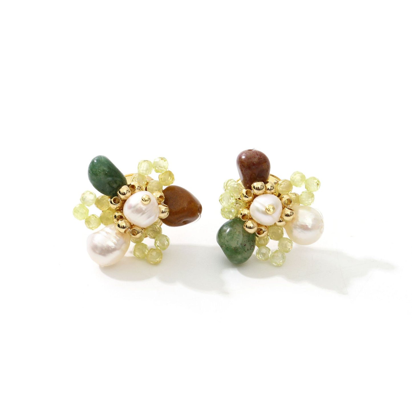 Woven Crystal Green Aventurine Studs Freshwater Pearl Earrings