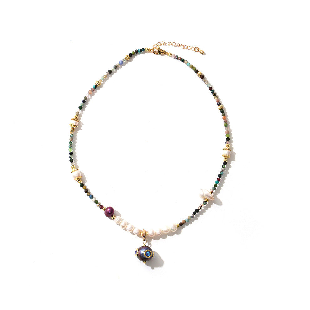 Zircon Inlaid Natural Pearl And Tourmaline Necklace