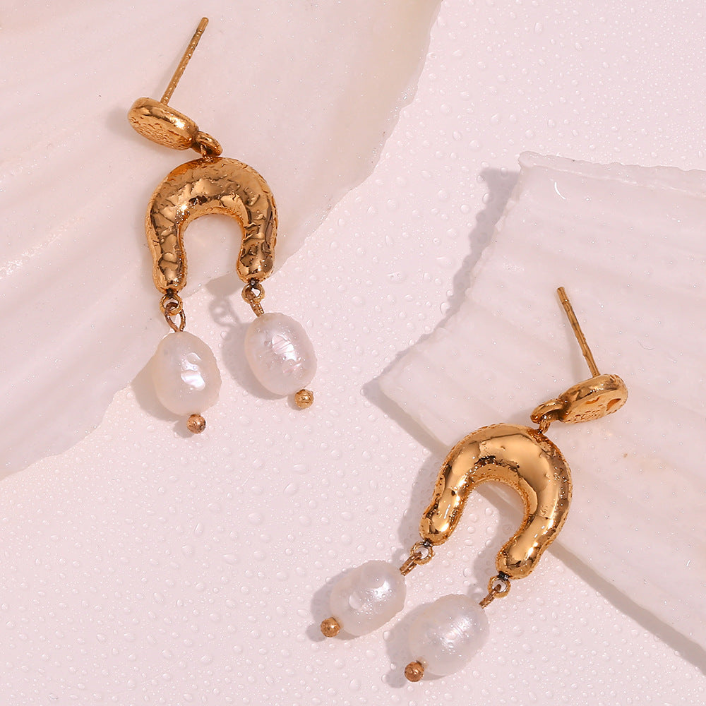 18K Golden Pearl U-Shaped Waterproof Earrings