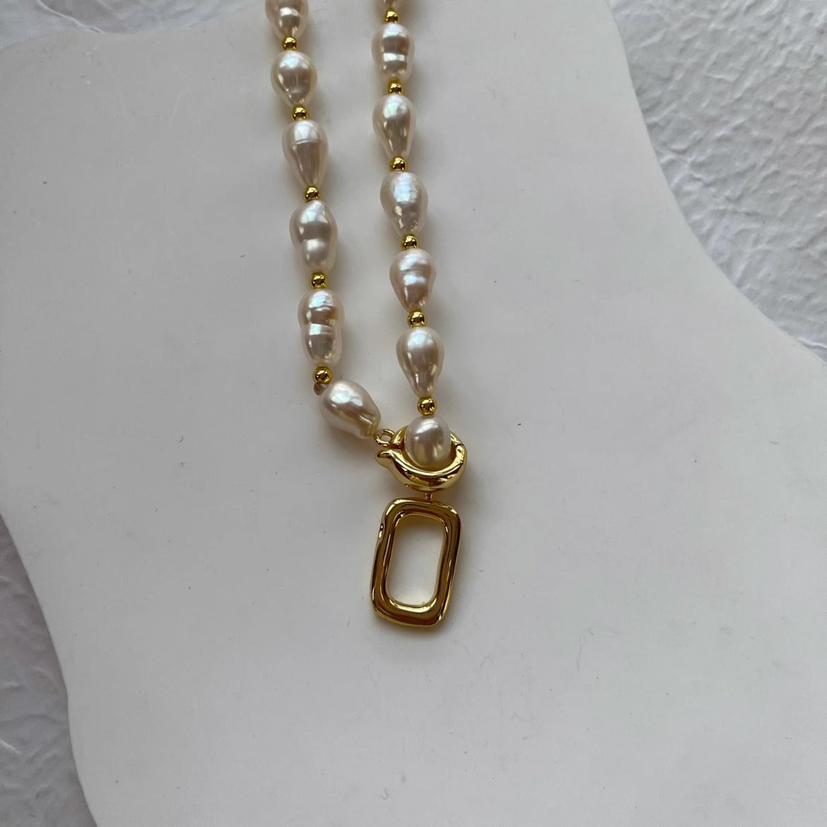 Golden Rectangular Pendant Natural Freshwater Pearl Necklace