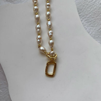 Golden Rectangular Pendant Natural Freshwater Pearl Necklace