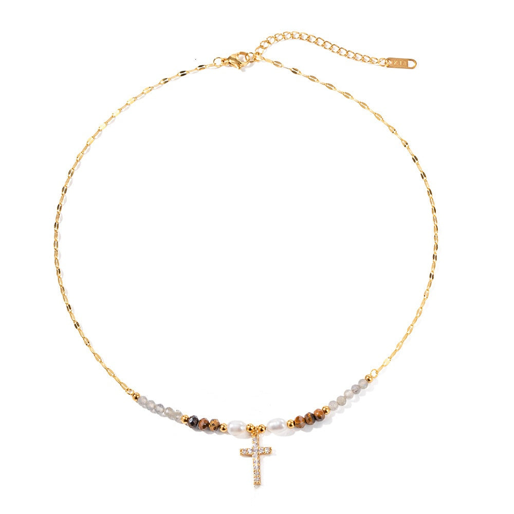 18K Plated Freshwater Pearl Zircon Cross Necklace Waterproof