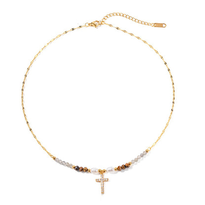 18K Plated Freshwater Pearl Zircon Cross Necklace Waterproof