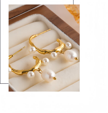 18K Gold Plated Uneven C Natural Freshwater Pearl Earrings Waterproof