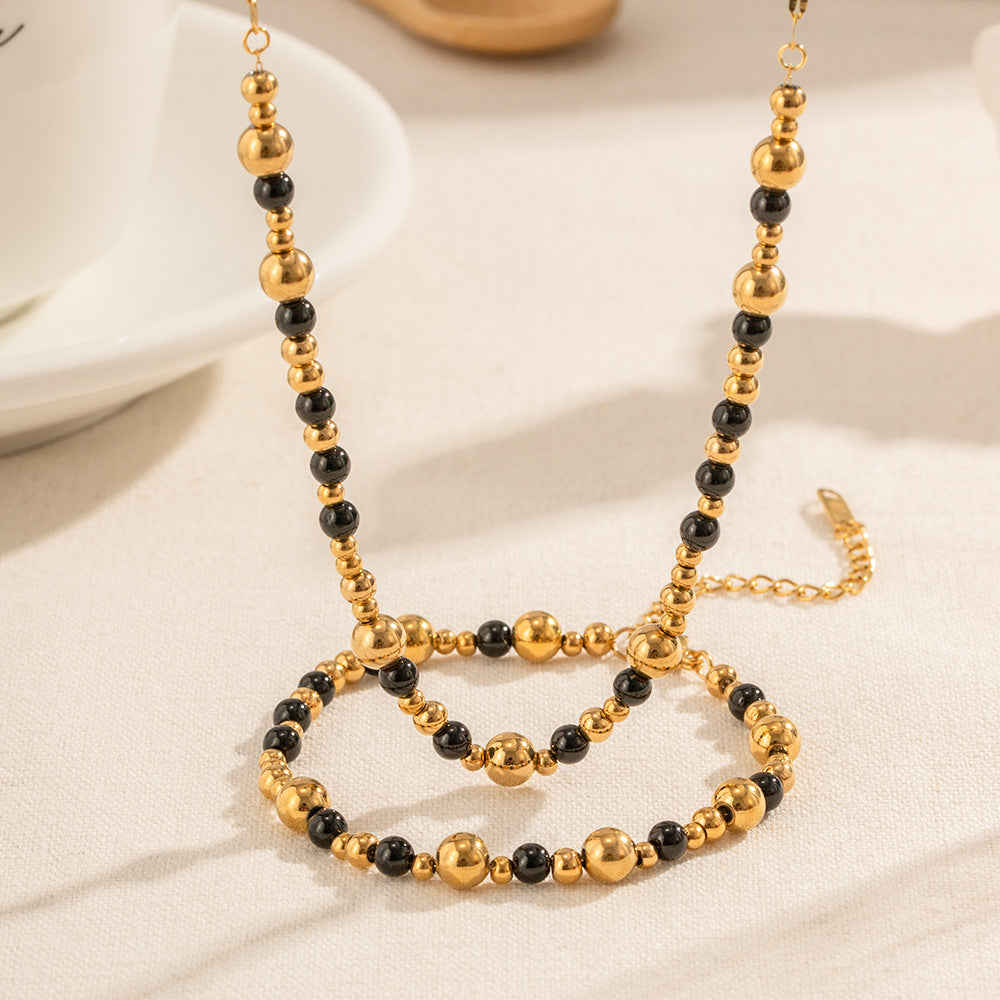 18K Gold Plated Black Agate Beaded Necklace Waterproof