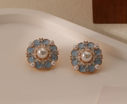 Blue Oil Drop Flower Stud Earrings