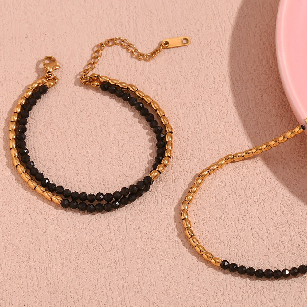 18K Gold Plated Natural Obsidian Beaded Waterproof Bracelet