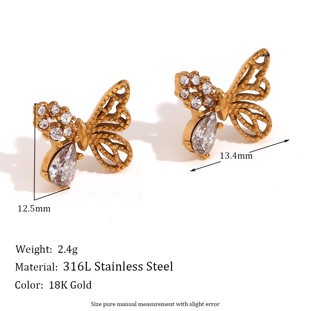 18K Gold Plated Zircon Butterfly Stud Earrings Waterproof