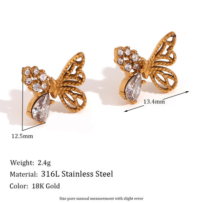 18K Gold Plated Zircon Butterfly Stud Earrings Waterproof