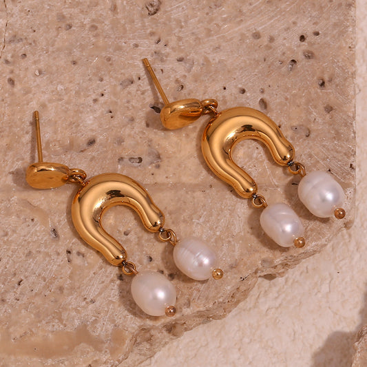 18K Golden Pearl U-Shaped Waterproof Earrings