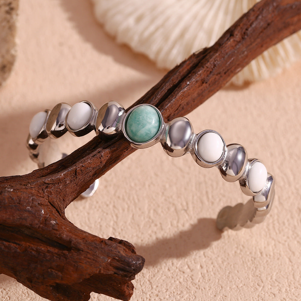 18K Stainless Steel Round Head Amazonite White Jade Waterproof Bracelet