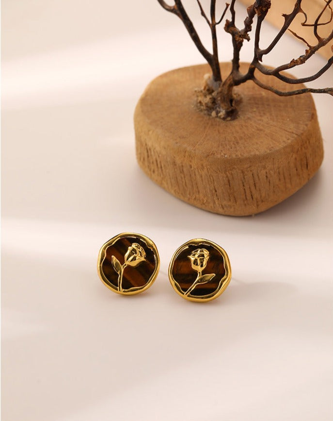 Golden French Vintage Round Tiger Eye Stone Rose Earrings