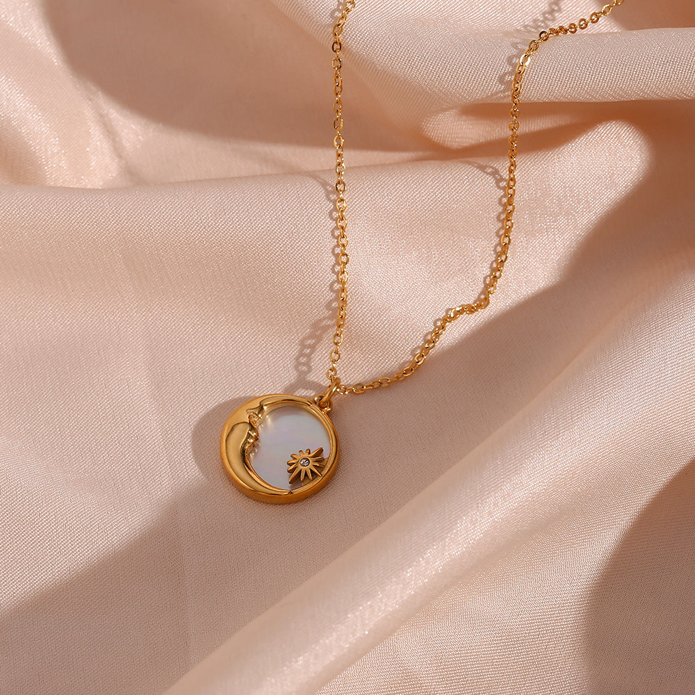 18K Gold Plated Natural Shell Moon Star Pendant Waterproof Necklace