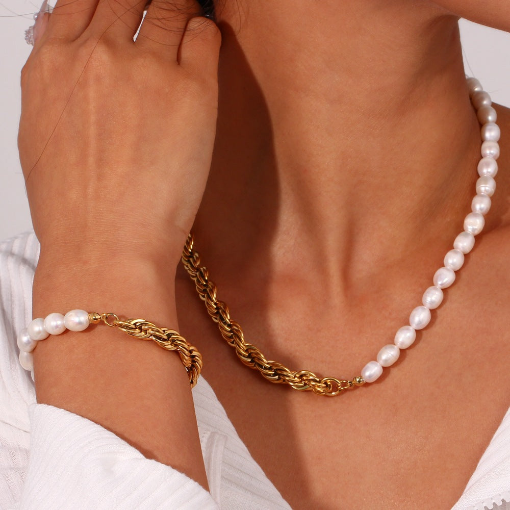 18K Plated Natural Freshwater Pearl Twist Chain Waterproof Bracelet