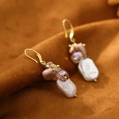 Rose Quartz Square Baroque Freshwater Pearl Earrings