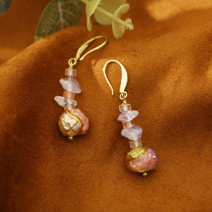 Baroque Rose Quartz Garnet Freshwater Pearl Earrings