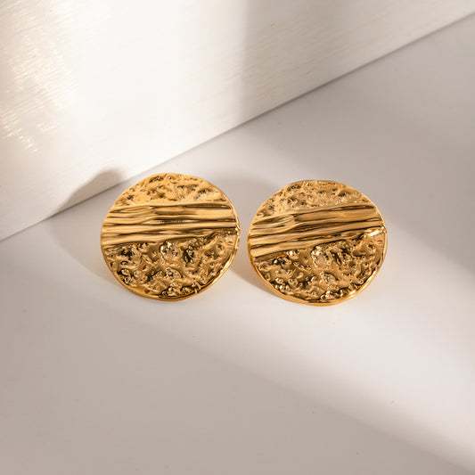 18K Gold Pleated Hammered Round Earrings Waterproof