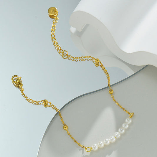 18K Gold Plated Beaded Chain Bracelet with White Pearls and Colorful Beads