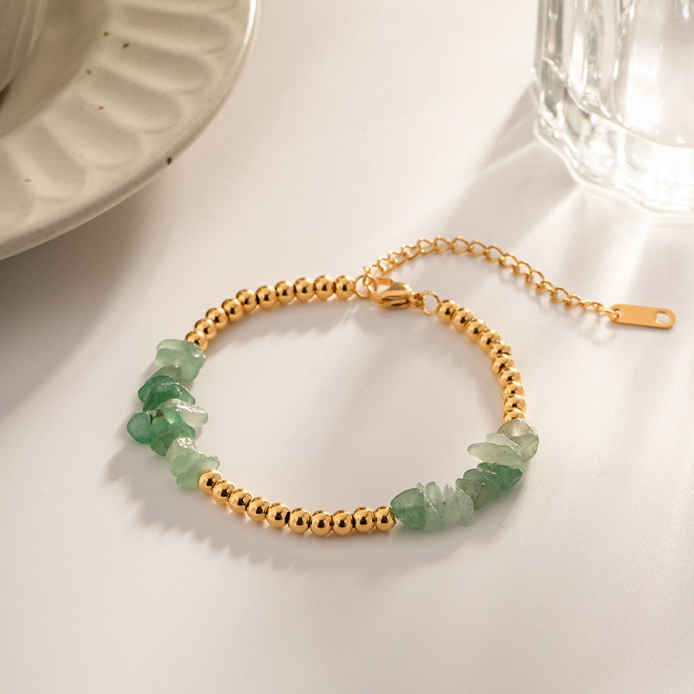 18K Gold Plated Sea Green/Pink Crystal Gravel Gold Beads Bracelet Waterproof