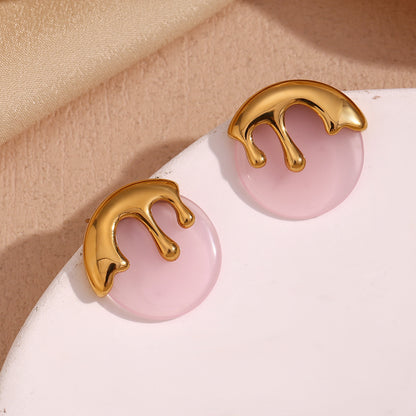 18K Gold Plated Acrylic Pink Ice Cream Ball Stud Waterproof Earrings