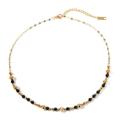 18K Gold Plated Black Agate Beaded Necklace Waterproof