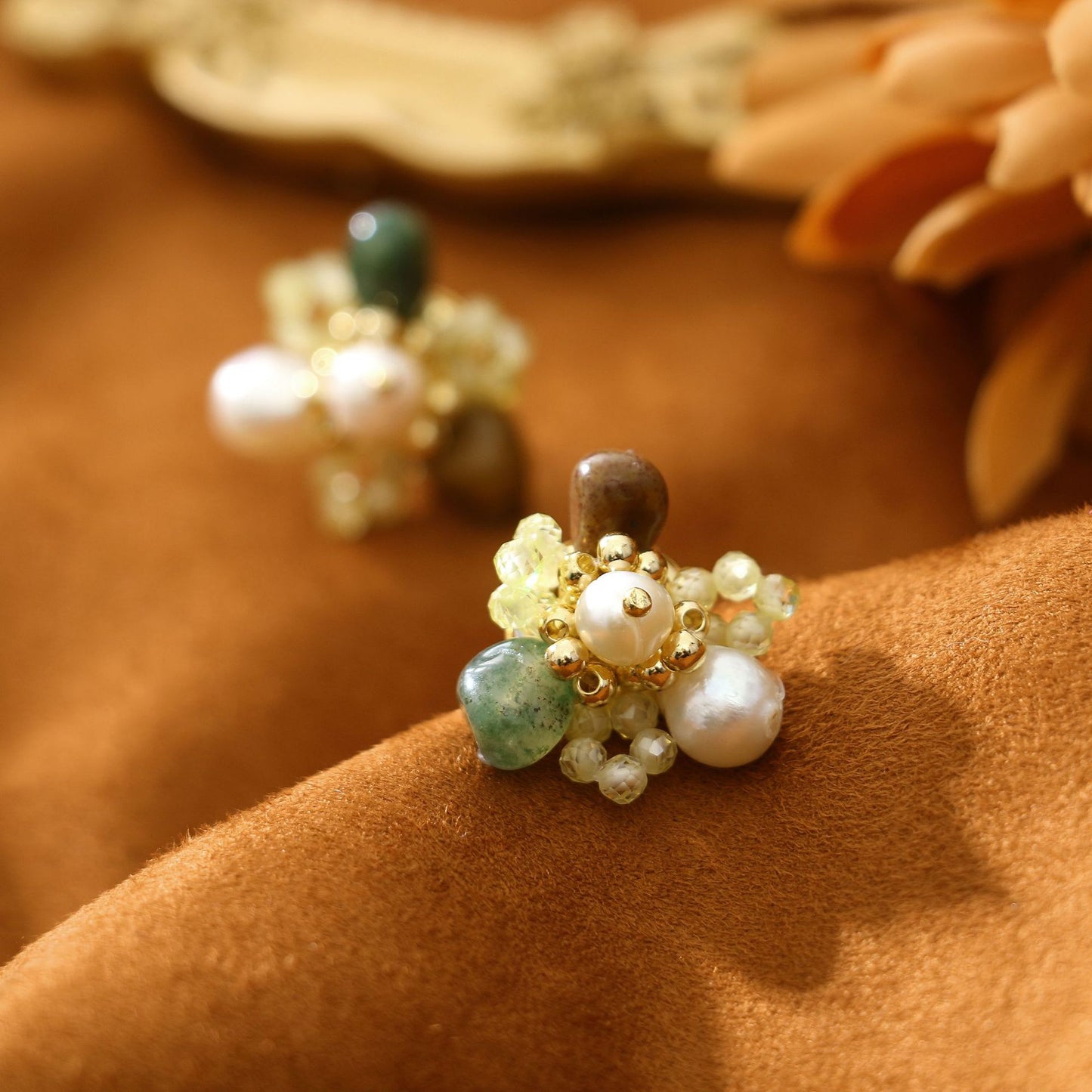 Woven Crystal Green Aventurine Studs Freshwater Pearl Earrings