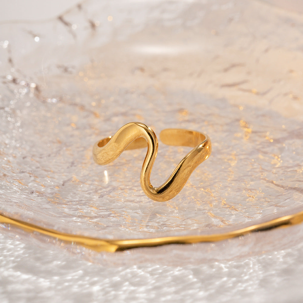 18K Plated Snake Shaped Irregular Curve Geometric Arc Open Ring Waterproof