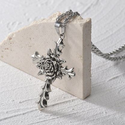 Vintage Rose Flower Cross Pendant Long Necklace