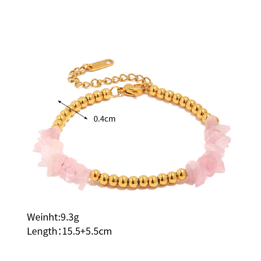 18K Gold Plated Sea Green/Pink Crystal Gravel Gold Beads Bracelet Waterproof