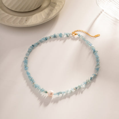 18k Gold Plated Sea Blue Gravel Pearl Necklace Waterproof