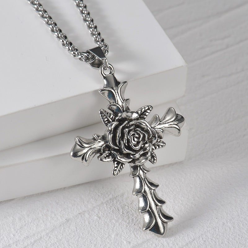 Vintage Rose Flower Cross Pendant Long Necklace