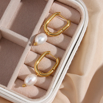 18K Gold Plated U Pearl Drop Waterproof Earrings